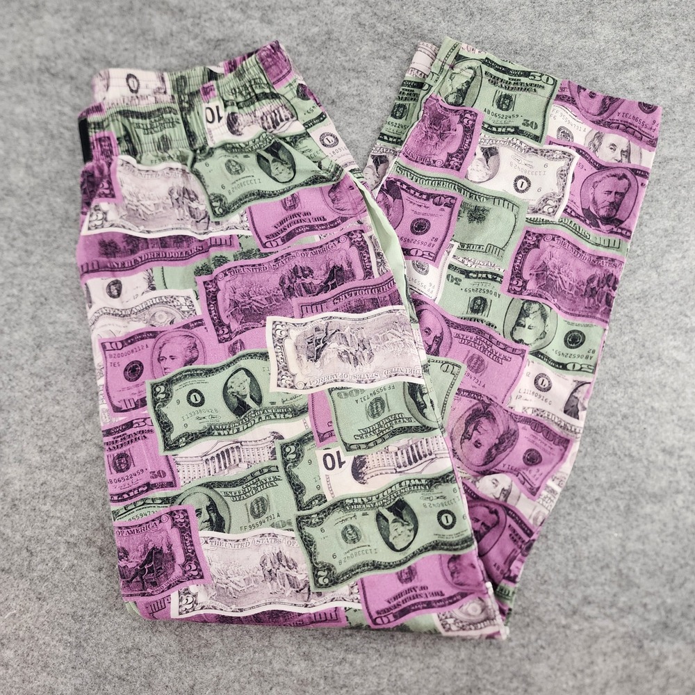 Hot Lava Mens Medium Purple‎ Green Money Print All Over Graphic Pants Streetwear